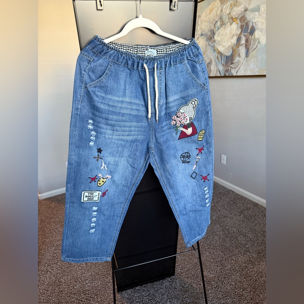 Embroidered Blue Denim Joggers